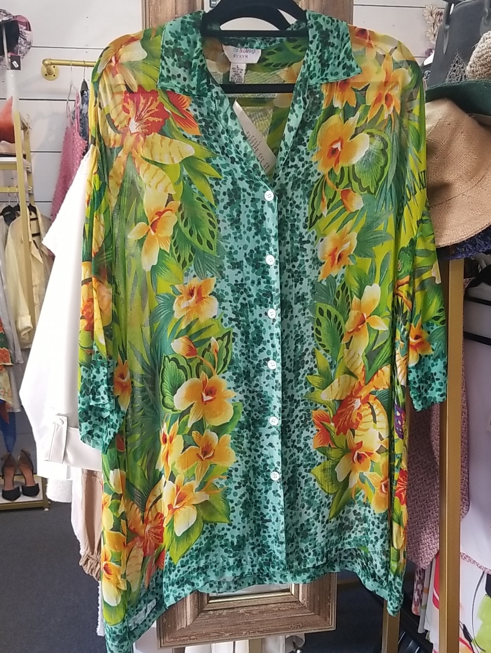 VM Sheer Floral Button-Up Top in Green and Yellow